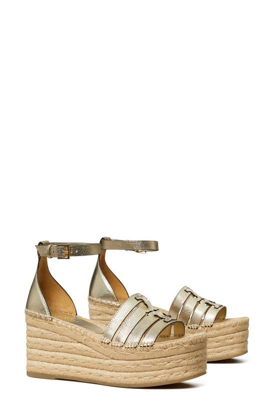 Tory Burch Ines Ankle Strap Espadrille Platform Wedge Sandal In Spark Gold