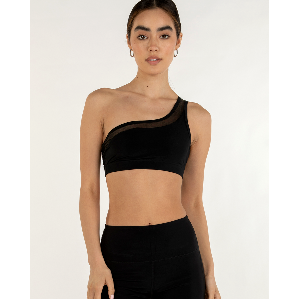 Rebody Active On Duty Mesh One Shoulder Silkiflex Bra In Midnight Black