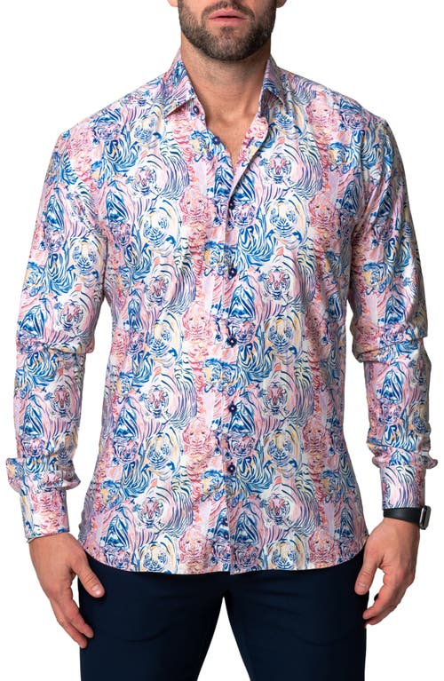 Maceoo Fibonacci Lion Regular Fit Cotton Blend Button-Up Shirt in Pink Multi at Nordstrom, Size 5