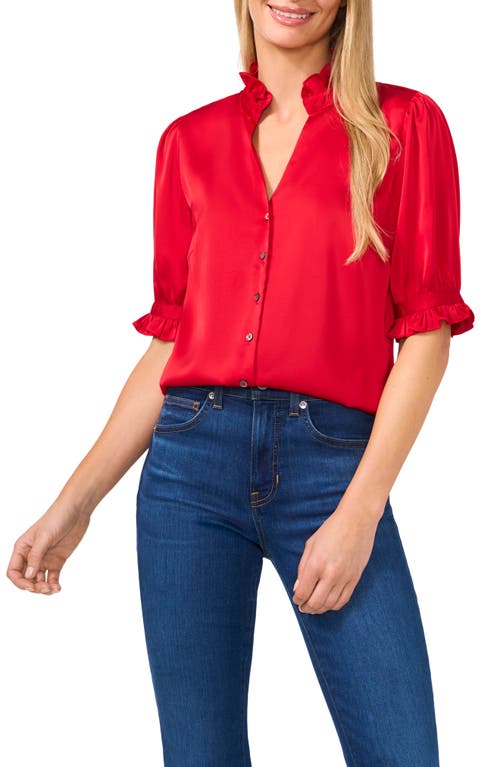 Shop Cece Frill Cuff Satin Button-up Shirt In Stoplight Red