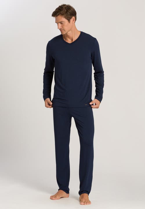 Hanro Cotton Blend Long Sleeve V Neck Tee In Deep Navy