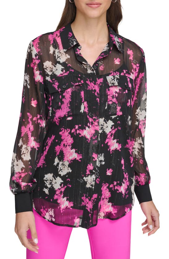 Shop Dkny Metallic Print Chiffon Button-up Shirt In Black/ Shocking Pink Multi