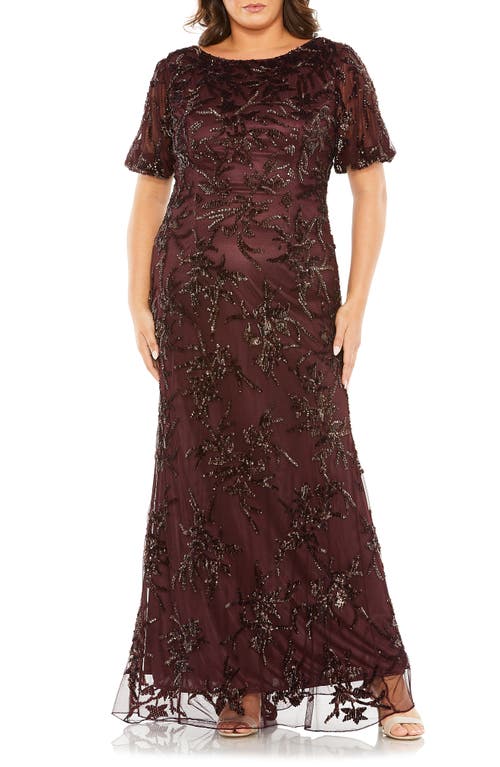 Sequin Floral Mesh Sheath Gown in Mahogany