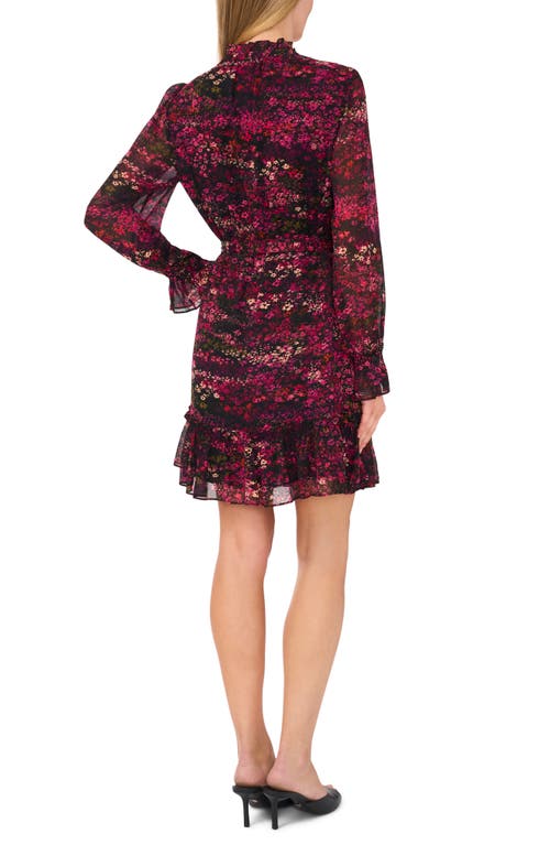 Shop Cece Floral Ruffle Long Sleeve Chiffon Dress In Rich Black