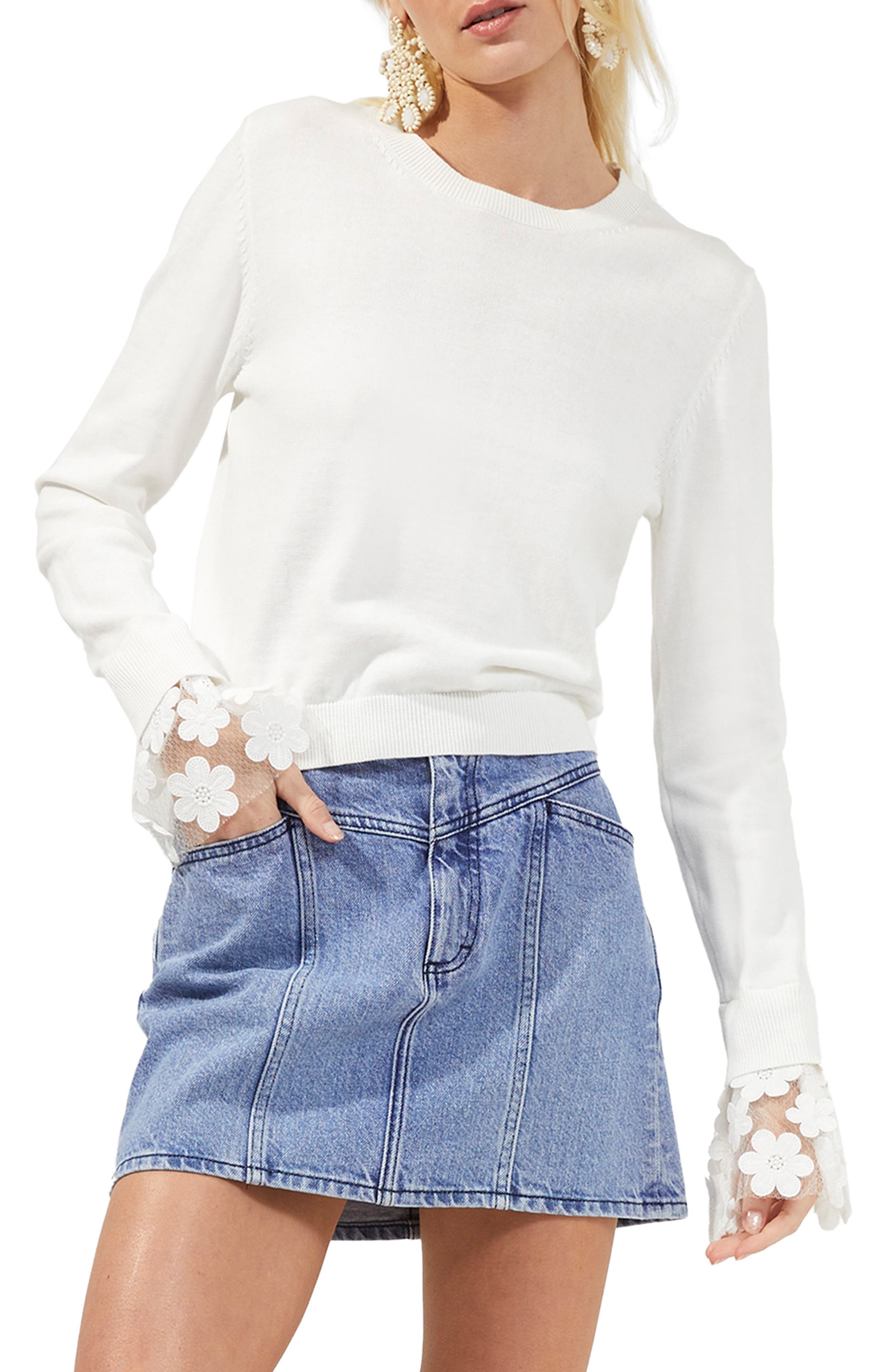 white sweater with lace sleeves