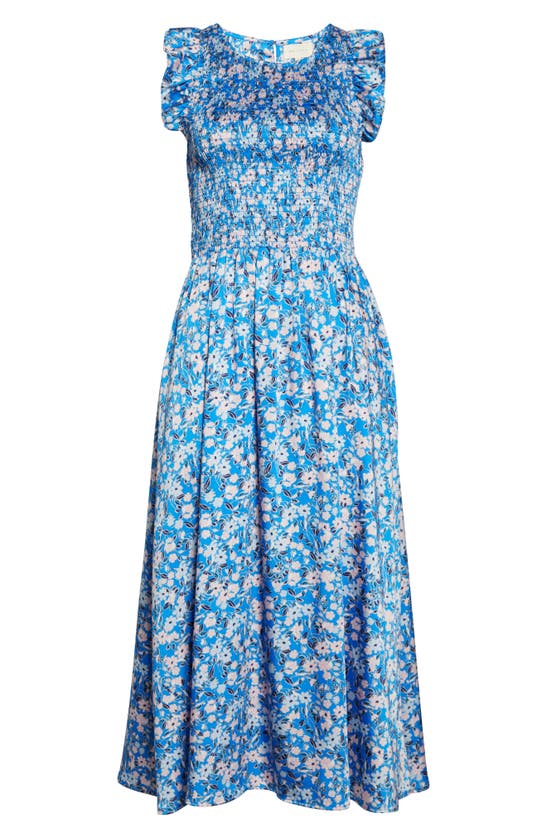 Melloday Sleeveless Floral Print Smocked Top Knit Midi Dress In Blue Multi
