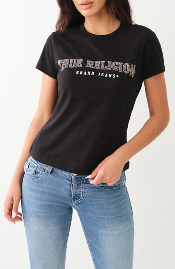 True Religion Brand Jeans Rhinestone Accent Cotton Graphic T-shirt In Jet Black