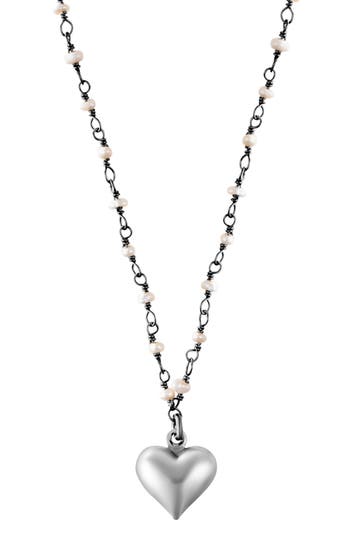 Adornia Fine Freshwater Pearl Rosary Puffy Heart Pendant Necklace In Silver
