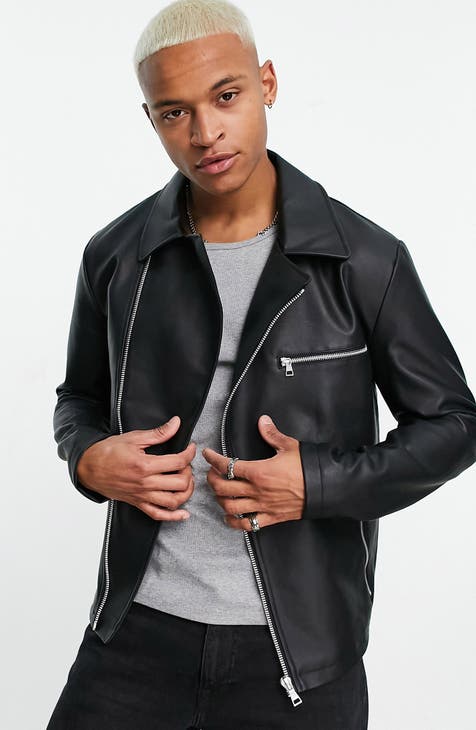 ASOS DESIGN faux leather varsity jacket with embroidery in brown