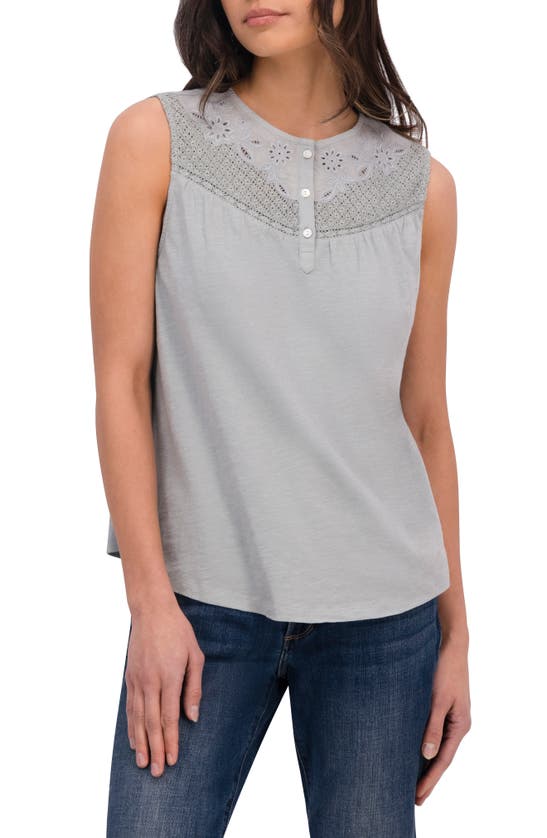 Lucky Brand Eyelet Yoke Half Placket Sleeveless Cotton Top In Gray