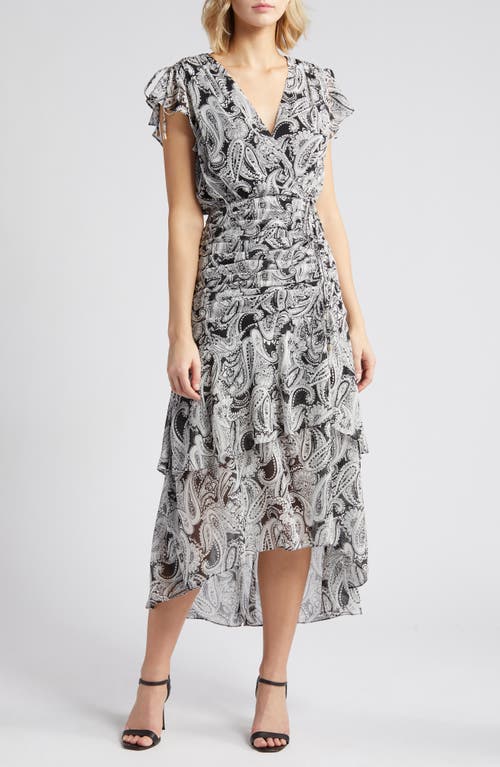 Tahari ASL Paisley Side Ruched Midi Dress Black Ivory at Nordstrom,