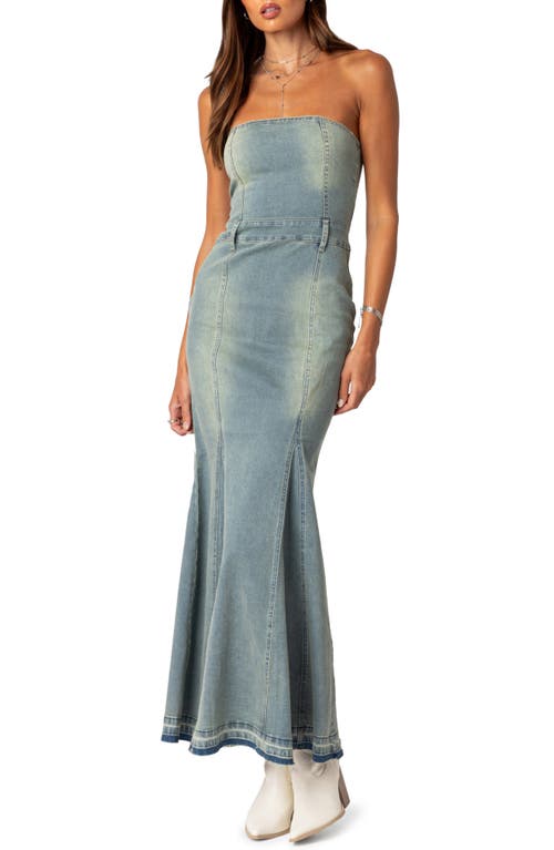 EDIKTED Astoria Strapless Release Hem Denim Maxi Dress Blue-Washed at Nordstrom,