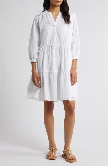 Caslon® Long Sleeve Tiered Cotton Eyelet Dress | Nordstrom