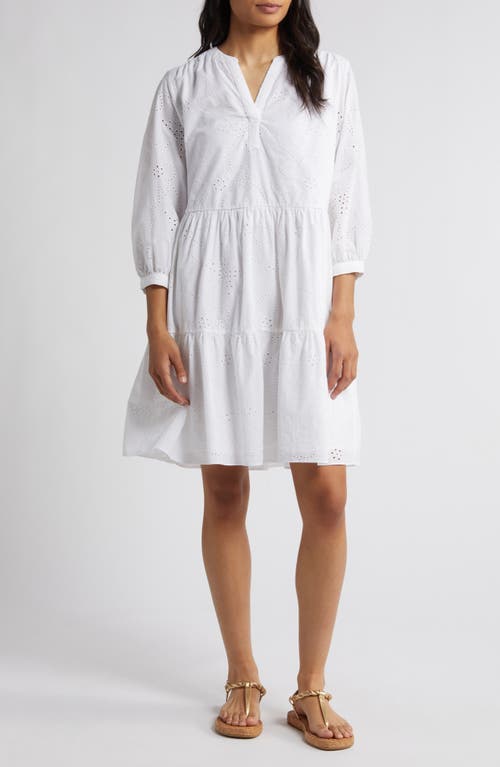 caslon(r) Long Sleeve Tiered Cotton Eyelet Dress White at Nordstrom,