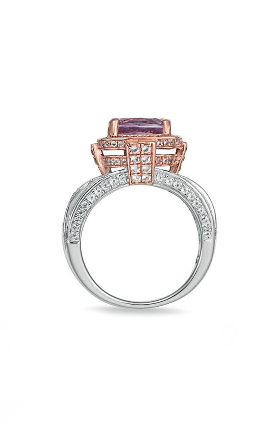 Shop Suzy Levian Two-tone Cushion Amethyst & White Topaz Halo Ring In Pink