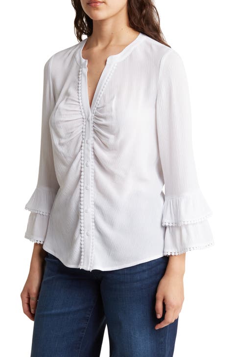 Ruffle Embroidered Button-Up Top