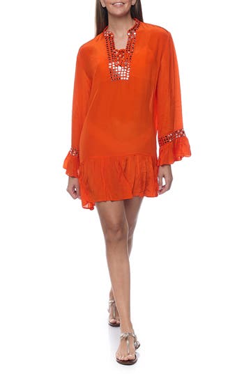 Shop Ranee's Ranees Embellished Long Sleeve Tunic In Orange