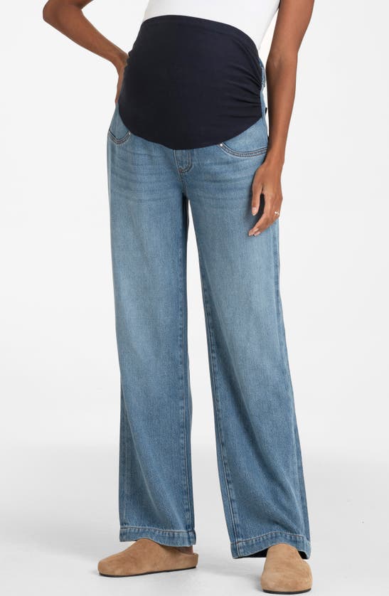 Shop Seraphine Over The Bump Wide Leg Maternity Jeans In Light Blue