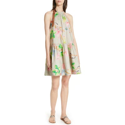 Tibi Linnea Floral Print Poplin Halter Dress, Beige