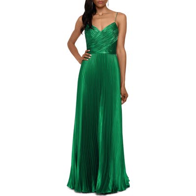Betsy & Adam Crisscross Pleated Satin A-Line Gown, Green