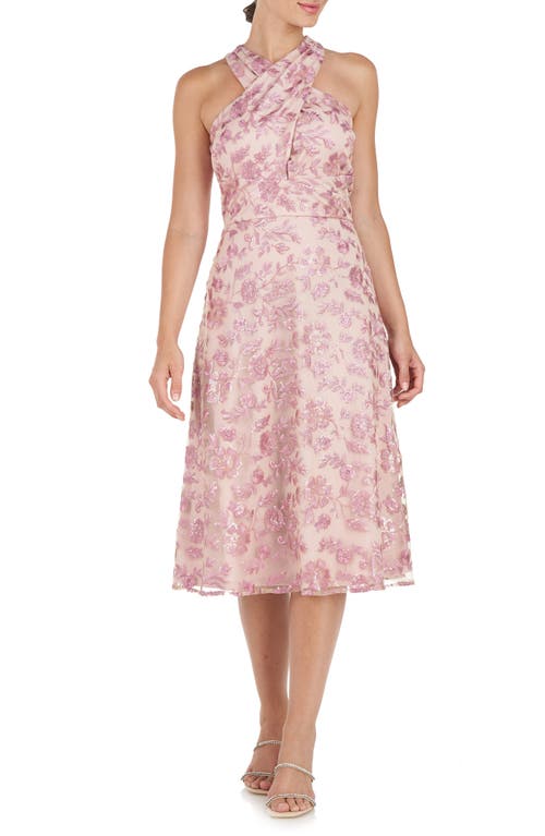 JS Collections Amy Sequin Floral Halter Neck Cocktail Midi Dress in Nude/Mauve