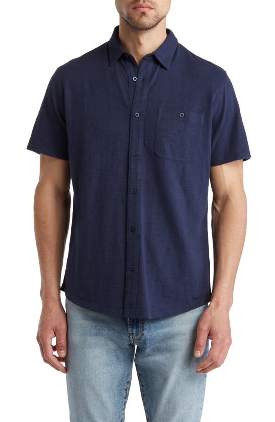 14th & Union Short Sleeve Slubbed Knit Button-up Shirt In Navy Iris