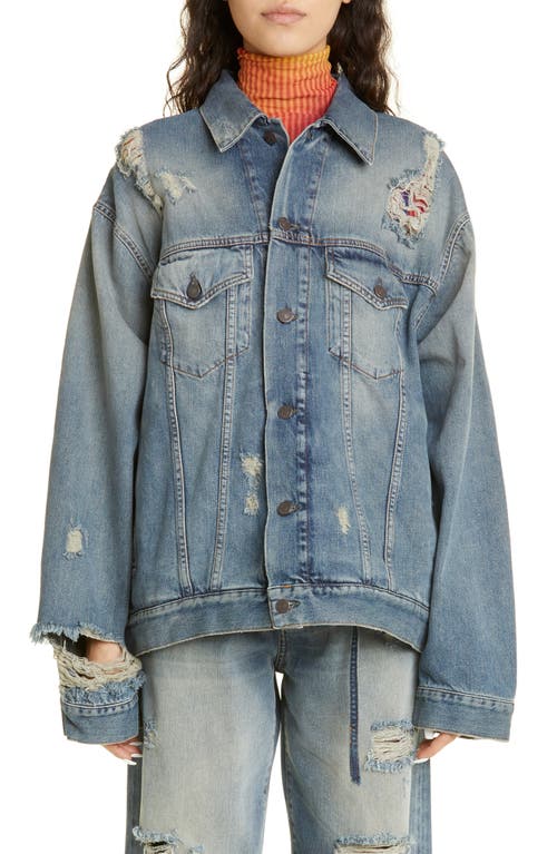 Acne Studios Detroit Destroyed Relaxed Denim Jacket in Mid Blue at Nordstrom, Size Small