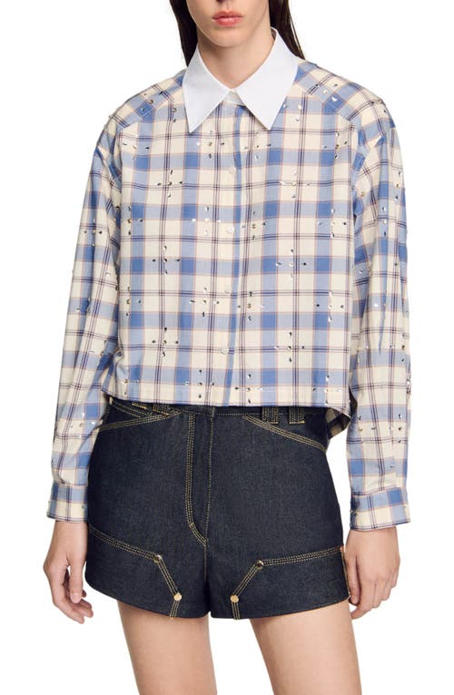 Shop Sandro Rhinestone Check Shirt In Blue