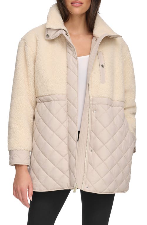 Mixed Media Faux Shearling Quilted Jacket in Twine