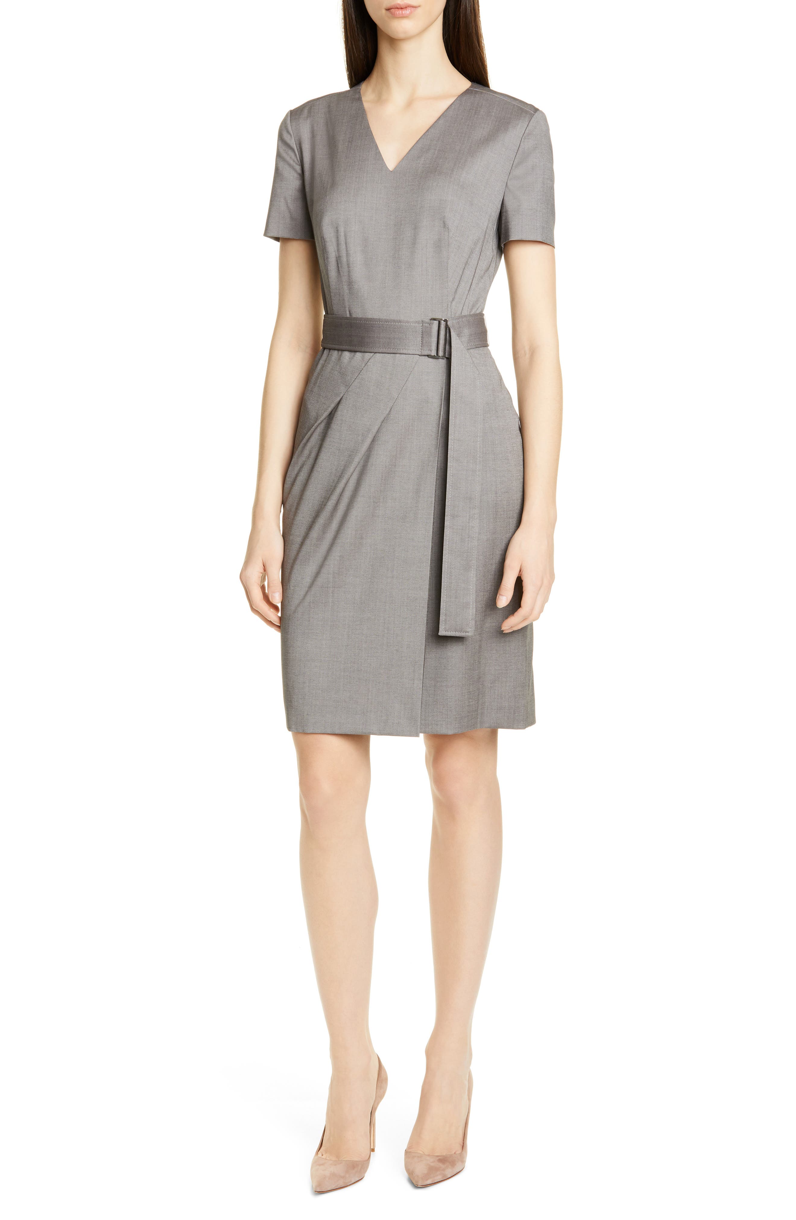 Boss Dasuala Belted Melange Wool Dress, Grey