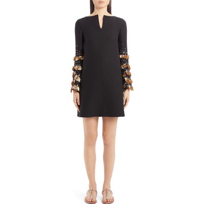 Valentino Sequin Bell Sleeve Wool & Silk Shift Dress, US / 40 IT - Black