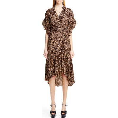 Michael Kors Belted Animal Print Silk Crepe Wrap Dress, Beige