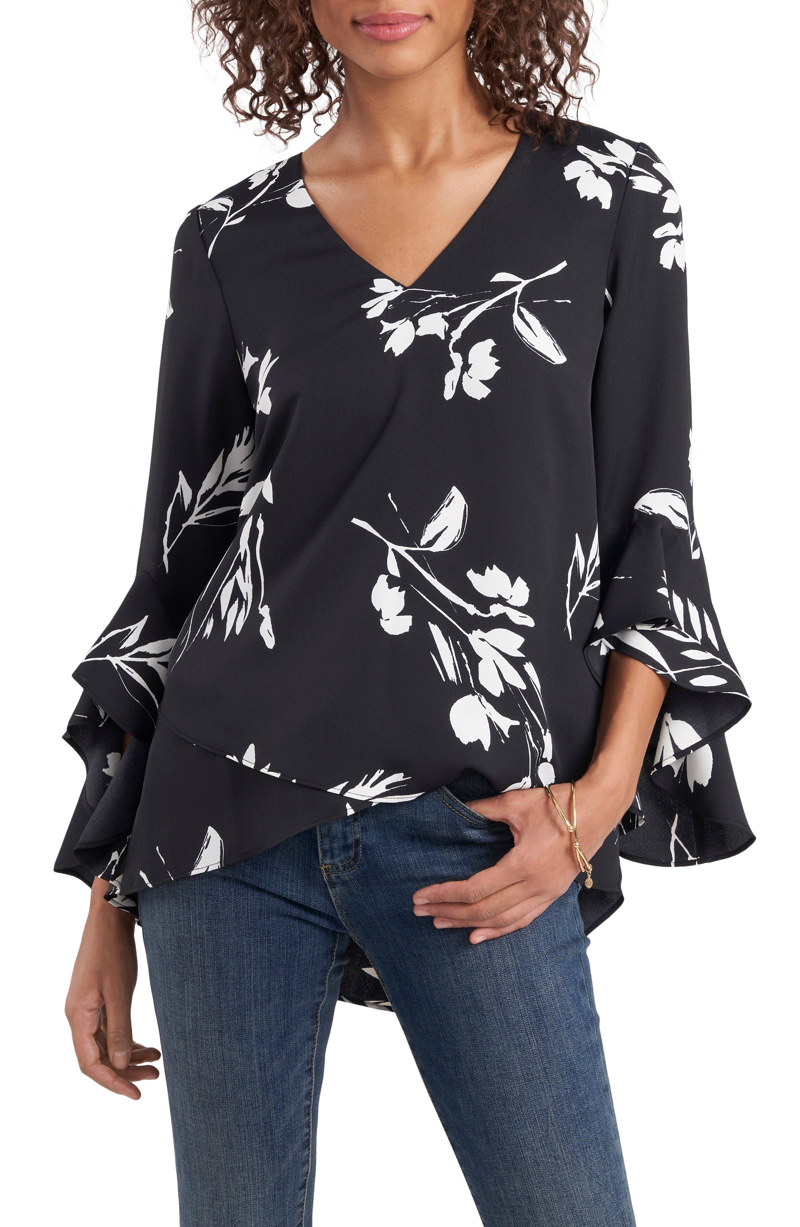 Vince Camuto Womens Printed High-Low Blouse Rich Black, XS