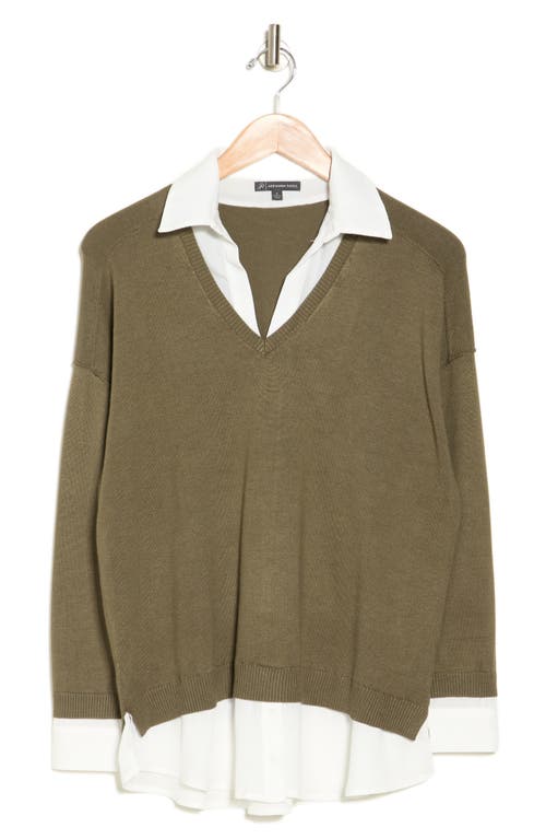 Shop Adrianna Papell Twofer Sweater In Oak Olive/ivory