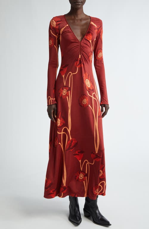 Shop Johanna Ortiz Nectar De Amapolla Long Sleeve Stretch Satin Midi Dress In Papaver Somniferum/red