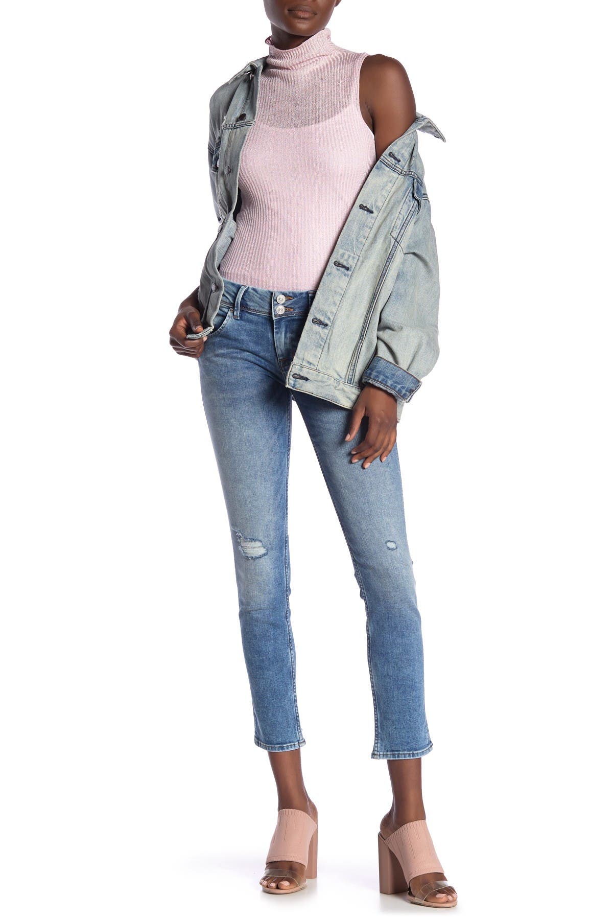 destroyed hem skinny jeans