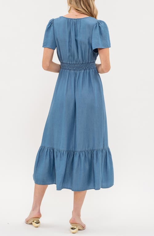August Sky Split Neck Flutter Sleeve Dress In Chambray