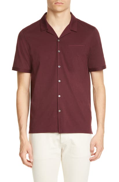 Click to view more detailed imagery on our partner's website John Varvatos Slim Fit Short Sleeve Button-Up Knit Camp Shirt In Cranberry