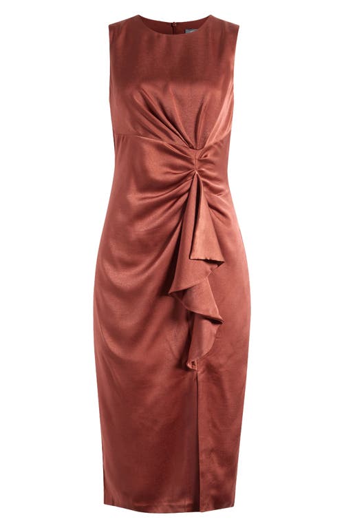 Shop Vince Camuto Ruffle Detail Sleeveless Satin Sheath Midi Dress In Brown