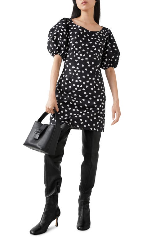 & Other Stories Heart Print Puff Sleeve Stretch Cotton Minidress in Black W. Dots