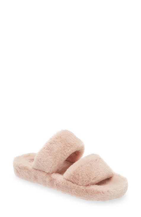 Women Fuzzy Panel Bedroom Slippers, Preppy Pink Fuzzy Slippers, CN36-37 Pink Faux Fur