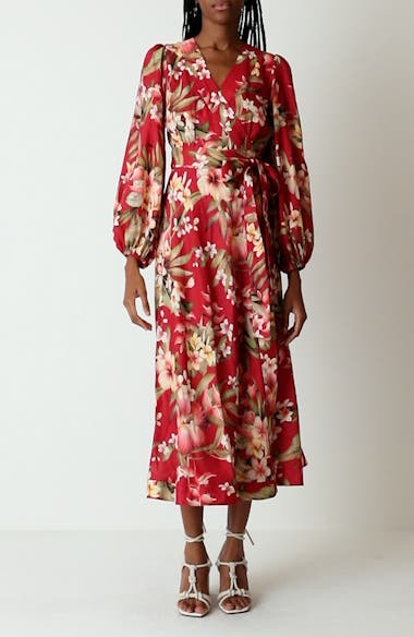 Zimmermann Lexi Floral Long Sleeve Linen Wrap Dress