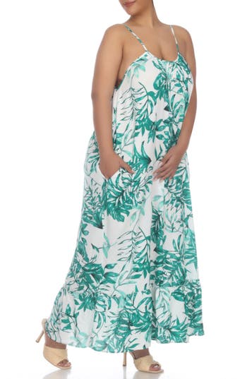 Boho Me Scoop Neck Spaghetti Strap Floral Print Maxi Dress In Green