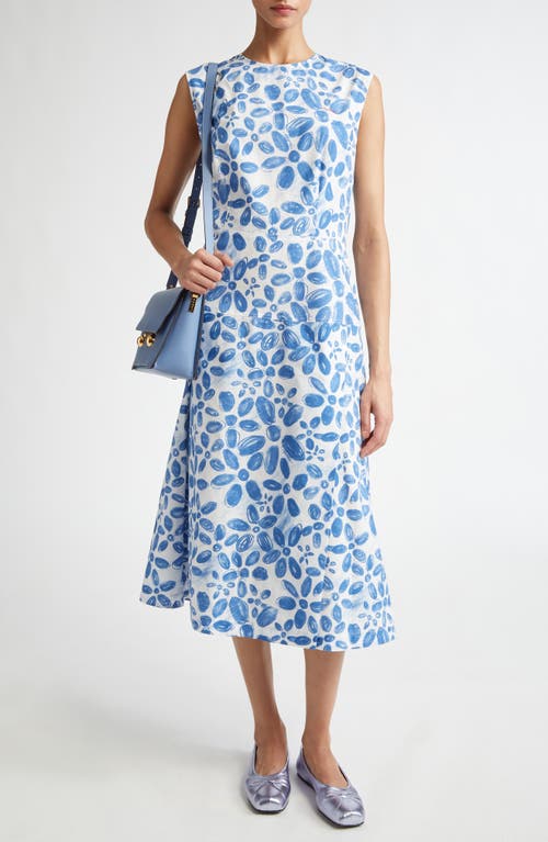 Shop Marni Floral Print Cotton Poplin Midi Dress In Iris Blue