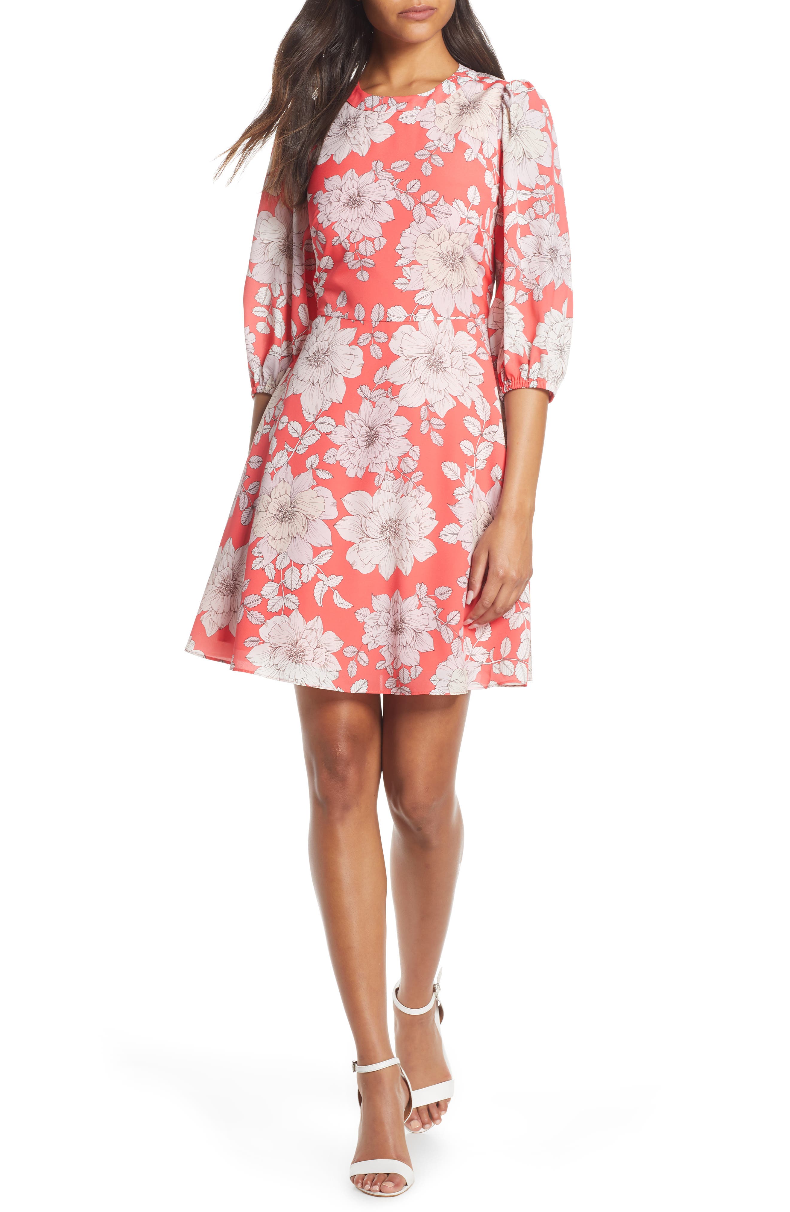 Eliza J Balloon Sleeve Fit & Flare Dress, 8 (similar to 1) - Coral