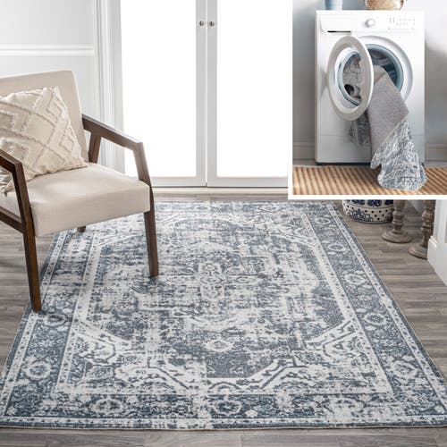 Jonathan Y Keesha Bold Distressed Medallion Low-pile Machine-washable Area Rug In Cream/blue