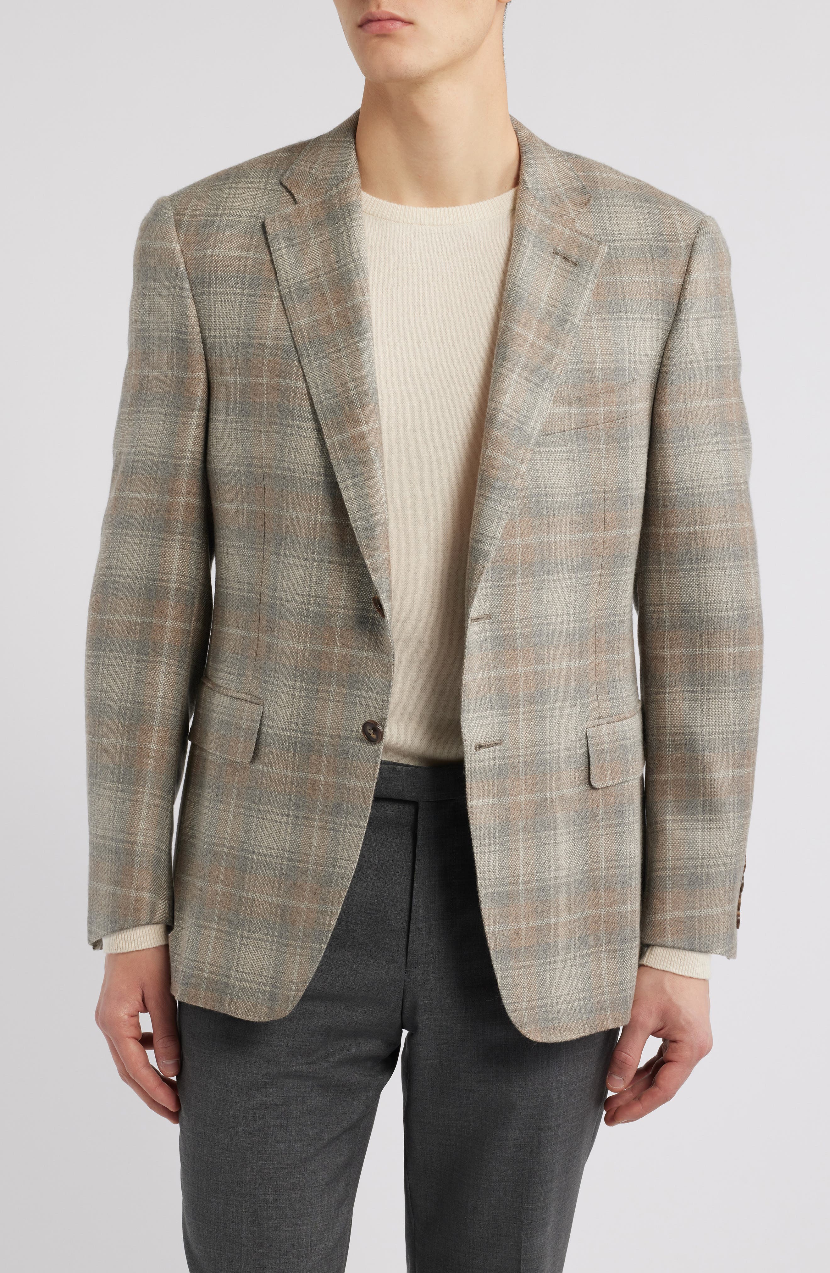 Canali Siena Regular Fit Plaid Cashmere Sport Coat in Beige 