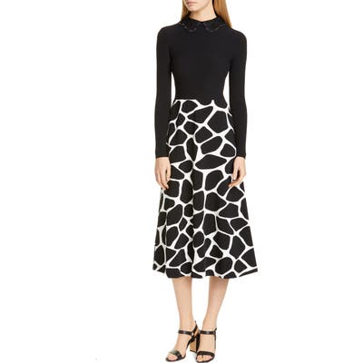 Valentino Contrast Bodice Giraffe Print Long Sleeve Midi Dress