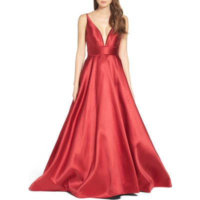 Ieena For MAC Duggal Plunging Sweetheart Neck Ballgown, Red