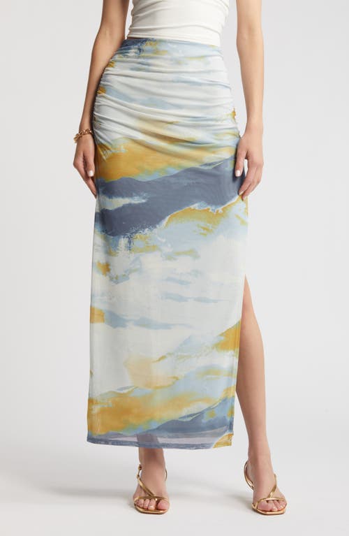 Shop Open Edit Ruched Side Slit Mesh Maxi Skirt In Blue Skyscape